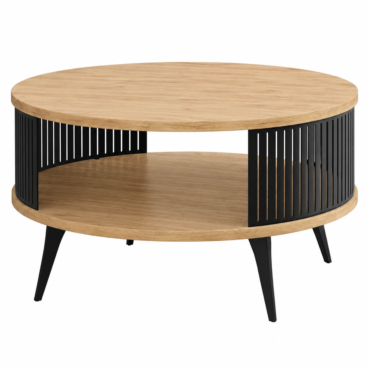 Couchtisch – runde Form, mit Ablagen, aus Eichenholz, Schwarz und Gold