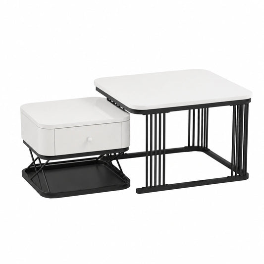 Couchtisch – 2-teilig, 70 × 70 × 45 cm, mit Schubladen, aus MDF, Marmoroptik und Schwarz