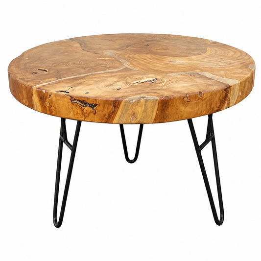 Couchtisch – 60 × 60 × 43 cm, runde Form, aus Teakholz und Holz