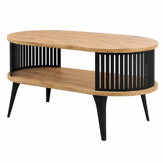 Couchtisch – ovale Form, mit Ablagen, aus Eichenholz, Schwarz und Gold