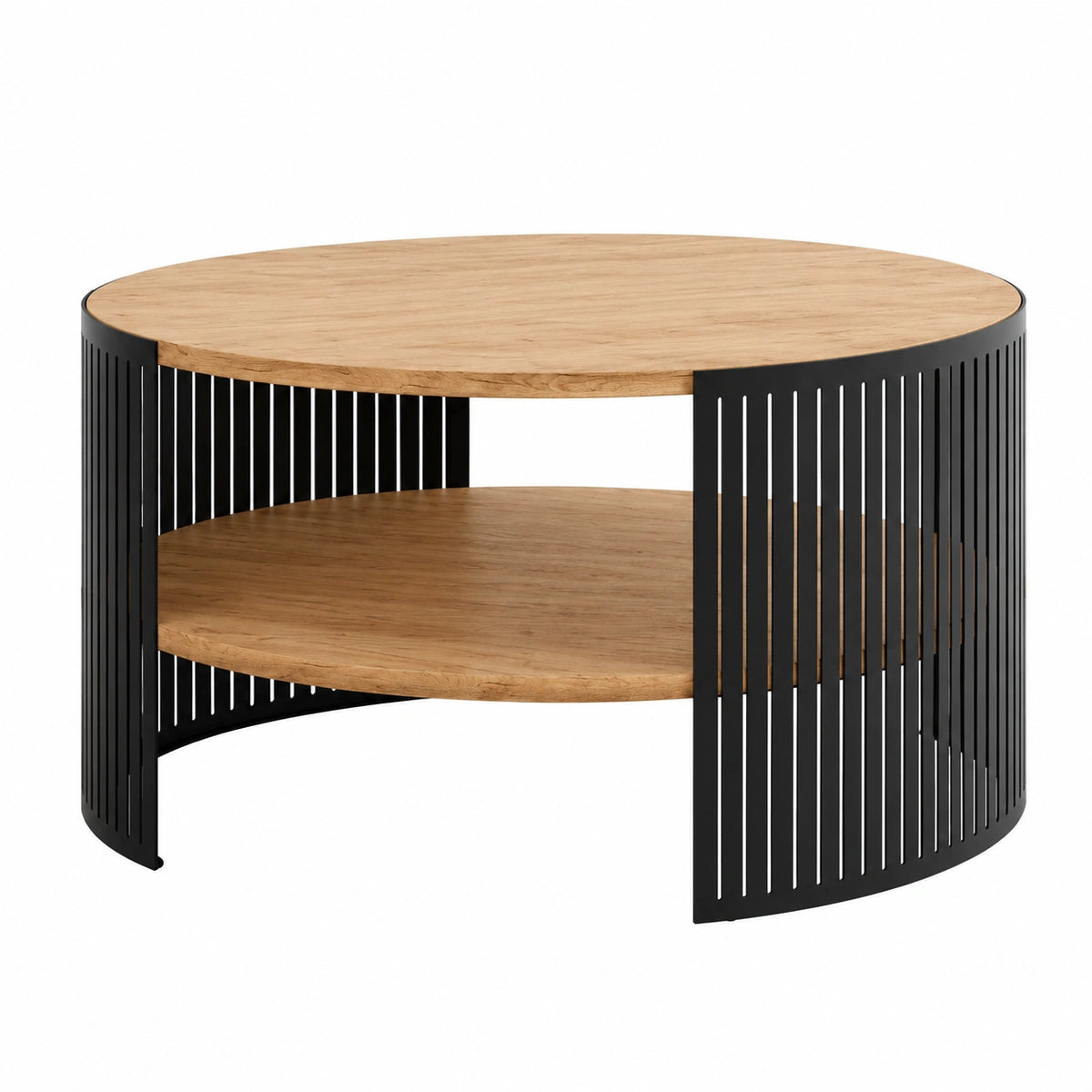 Couchtisch – runde Form, mit Ablagen, aus Eichenholz und Metall, Schwarz und Gold
