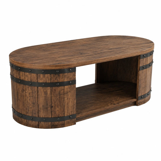 Couchtisch – 120 × 60 × 45 cm, Industriestil, ovale Form, mit Stauraum, mit Ablagen, aus Eichenholz und Holz, für Wohnzimmer