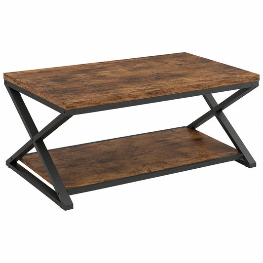 Couchtisch – 100 × 60 × 45 cm, minimalistischer Stil, rechteckige Form, mit Ablagen, aus Metall und Holz, Braun, für Wohnzimmer