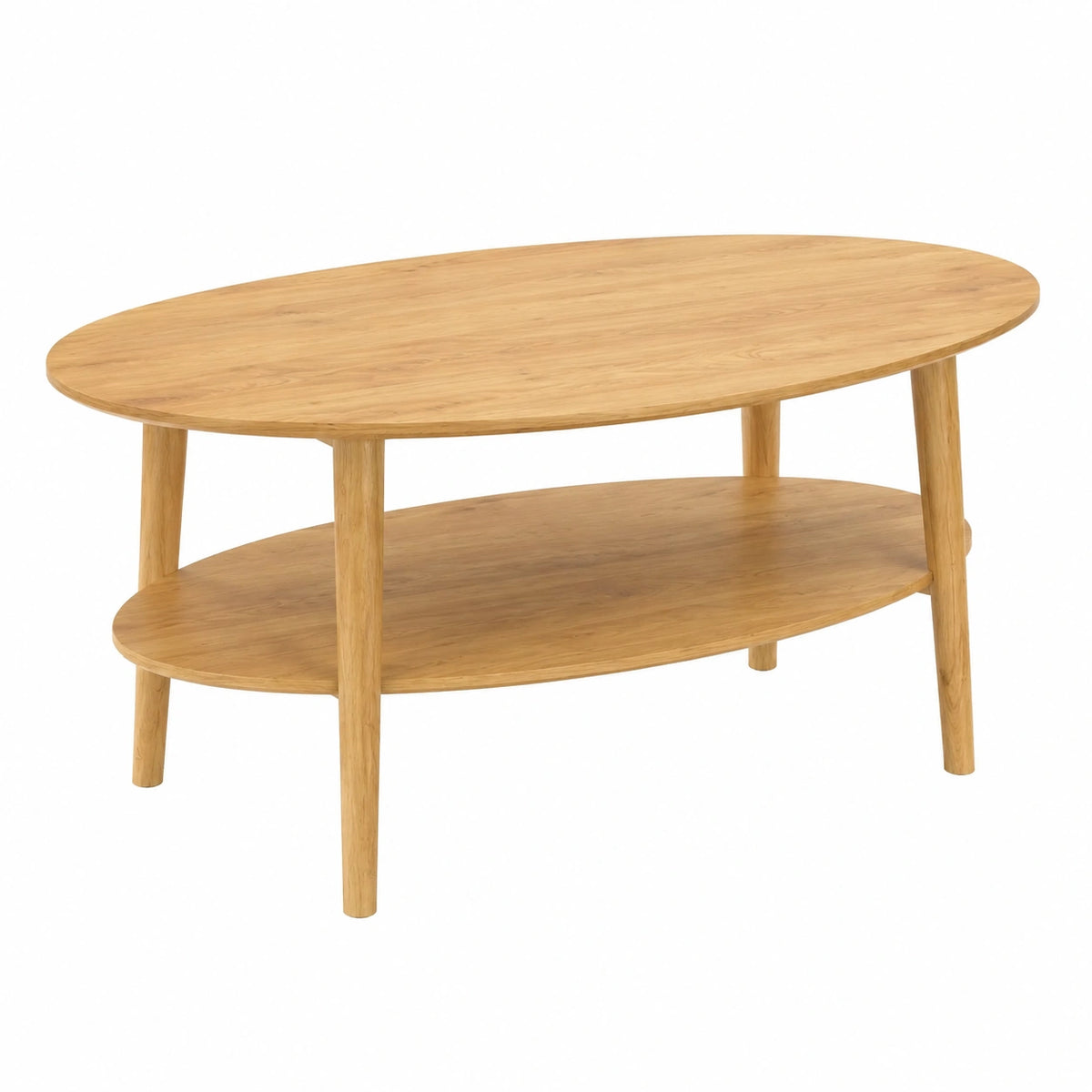 Couchtisch – 70 × 110 cm, ovale Form, mit Stauraum, mit Ablagen, aus Massivholz und Eichenholz, Naturfarben, für Wohnzimmer